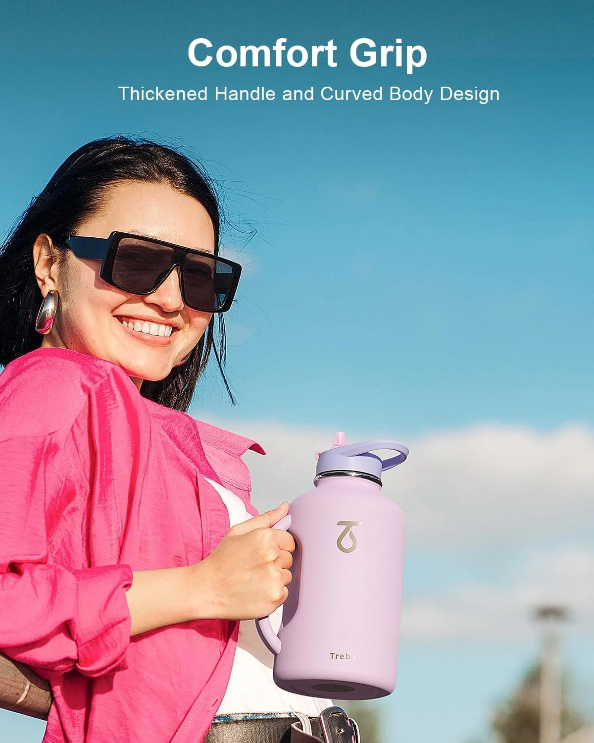Trebo 64 oz Water Bottle Insulated with Handle, Leakproof Half Gallon Vacuum Stainless Steel Large Water Jug (Keep Cold for 48hrs),Gym Water Bottles Flask For Women with Straw Spout Lids Strap,Purple