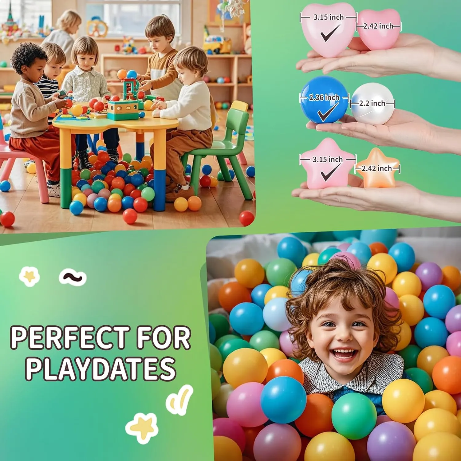 TRENDPLAY Big Star & Heart Shaped Ball Pit Balls - 100 200 Larger Plastic Balls Set, Different Shapes for Toddlers