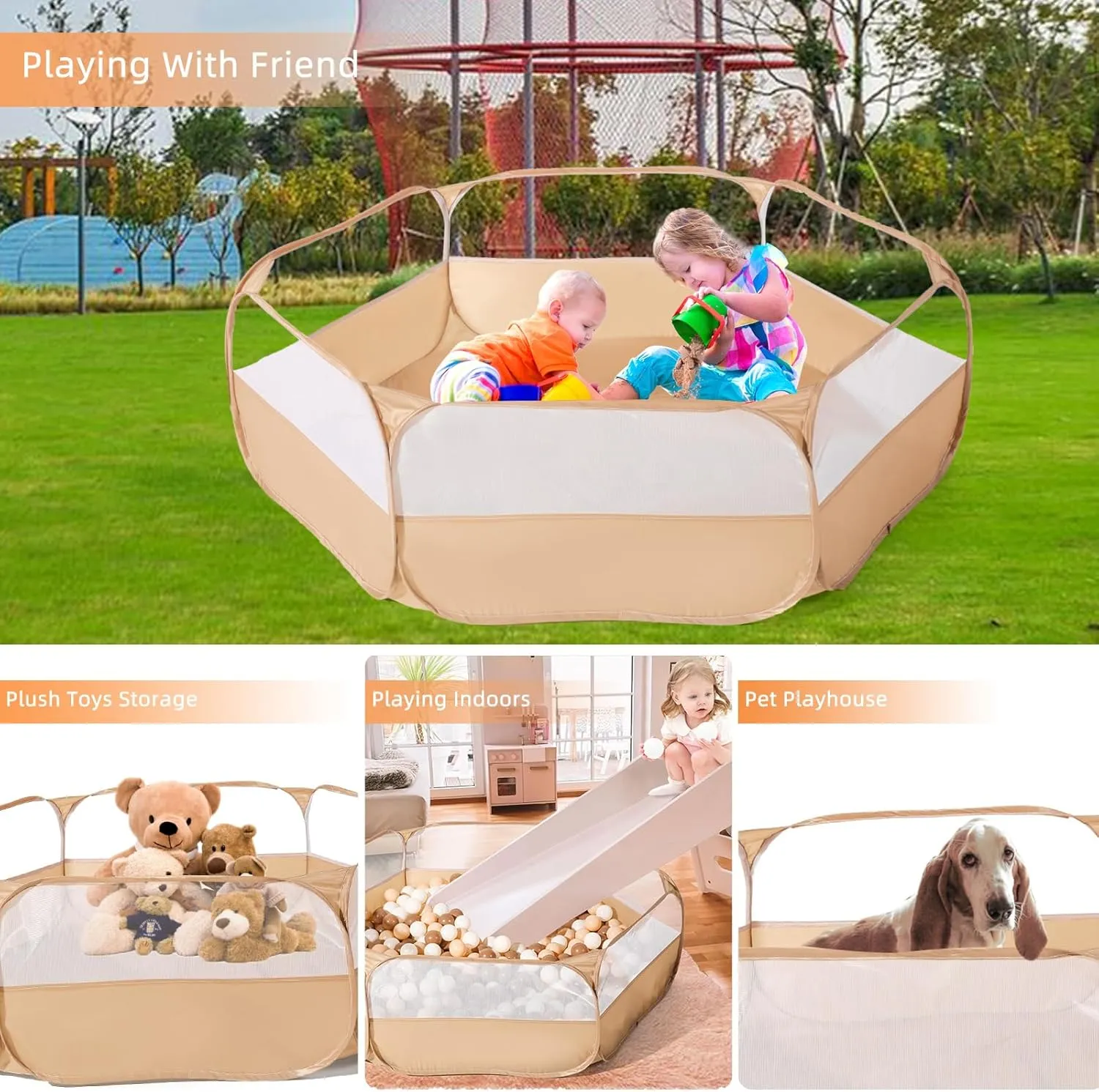 TRENDPLAY Foldable Ball Pit for Toddlers, Large Pop Up Ball Pits Kids Play Tent Crawl Playpen Ball Pool Playhouse Playpen with Storage Bag, for Boys Girls Dogs Cats Ferrets Indoor Outdoor, Khaki
