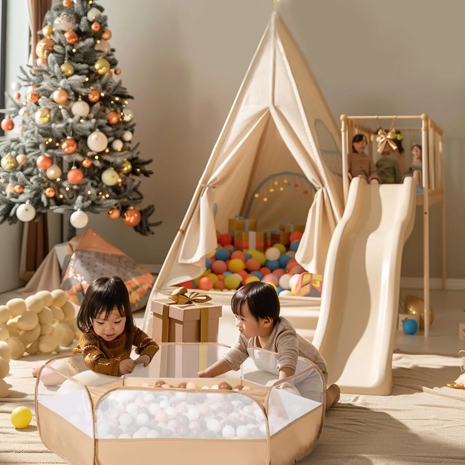 TRENDPLAY Foldable Ball Pit for Toddlers, Large Pop Up Ball Pits Kids Play Tent Crawl Playpen Ball Pool Playhouse Playpen with Storage Bag, for Boys Girls Dogs Cats Ferrets Indoor Outdoor, Khaki