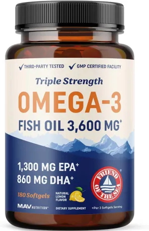 Triple Strength Omega 3 Fish Oil 3600 mg | EPA & DHA | Over 2100mg Omega-3 Fatty Acids | 1300mg EPA   860mg DHA | Best Essential Fatty Acids | Premium Wild Caught & Burpless Fish Oil | 180 Ct