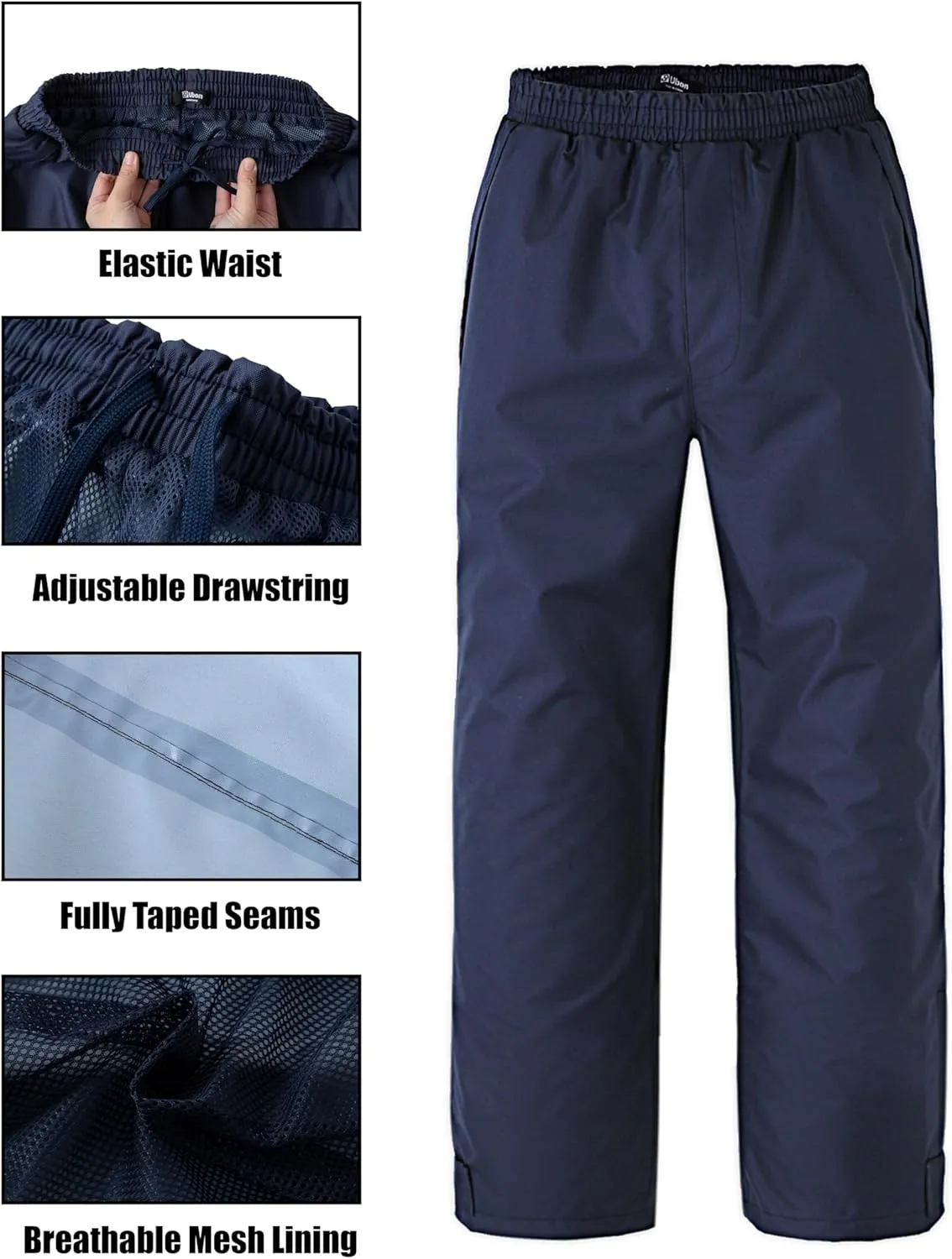 Ubon Men's Black Waterproof Rain Pants, Packable Golf Hiking Pants