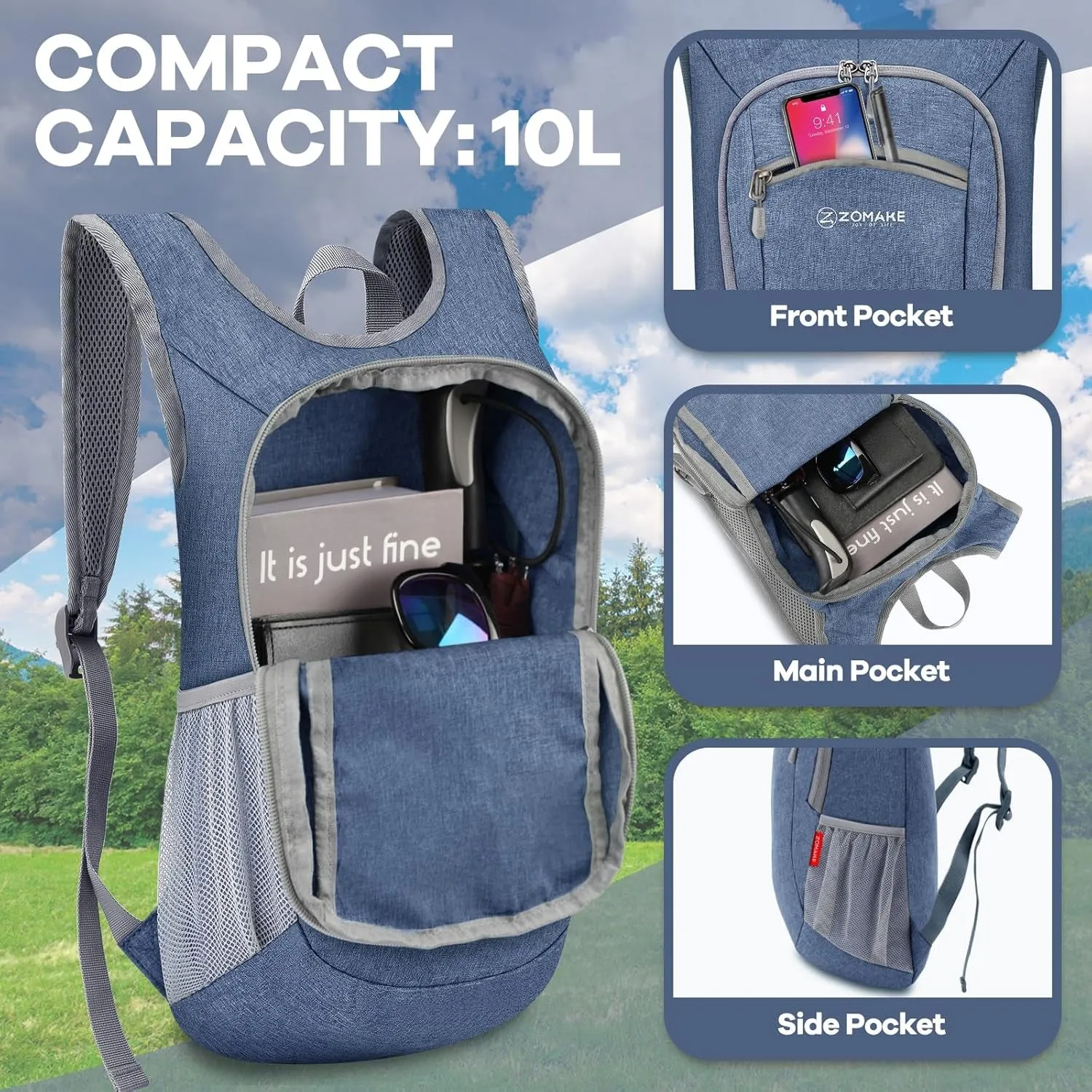 Ultra Lightweight Packable Backpack, 10L Small Daypack Light Foldable Backpacks Water Resistant Day Bag for Hiking (Navy Blue)