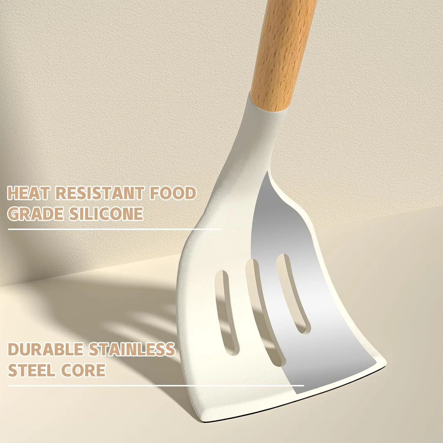Umite Chef Kitchen Cooking Utensils Set, 33 pcs Non-stick Silicone Cooking Kitchen Utensils Spatula Set with Holder, Wooden Handle Silicone Kitchen Gadgets Utensil Set (Cream White)