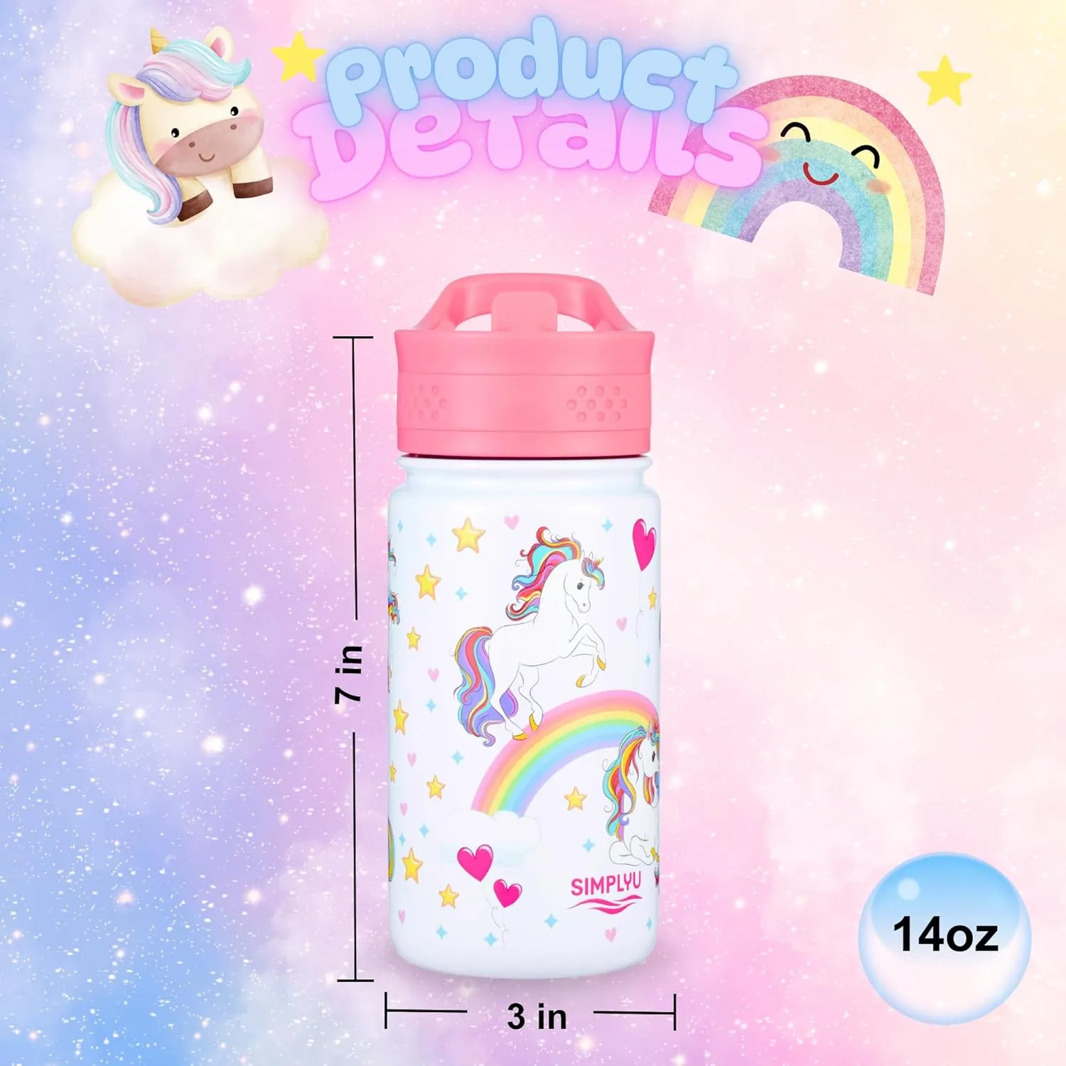 Unicorn 14oz Insulated Kids Water Bottle for Girls - Stainless Steel Tumbler with Flip Straw Lid, Leak-Proof & Reusable, Ideal for School & Travel (Rainbow Unicorn)