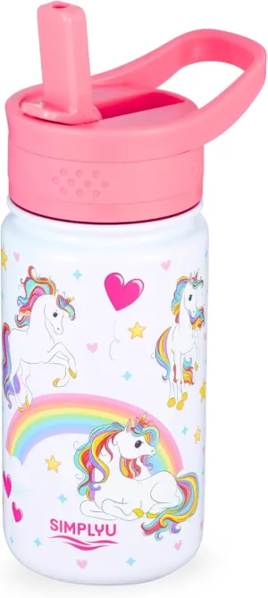 Unicorn 14oz Insulated Kids Water Bottle for Girls - Stainless Steel Tumbler with Flip Straw Lid, Leak-Proof & Reusable, Ideal for School & Travel (Rainbow Unicorn)