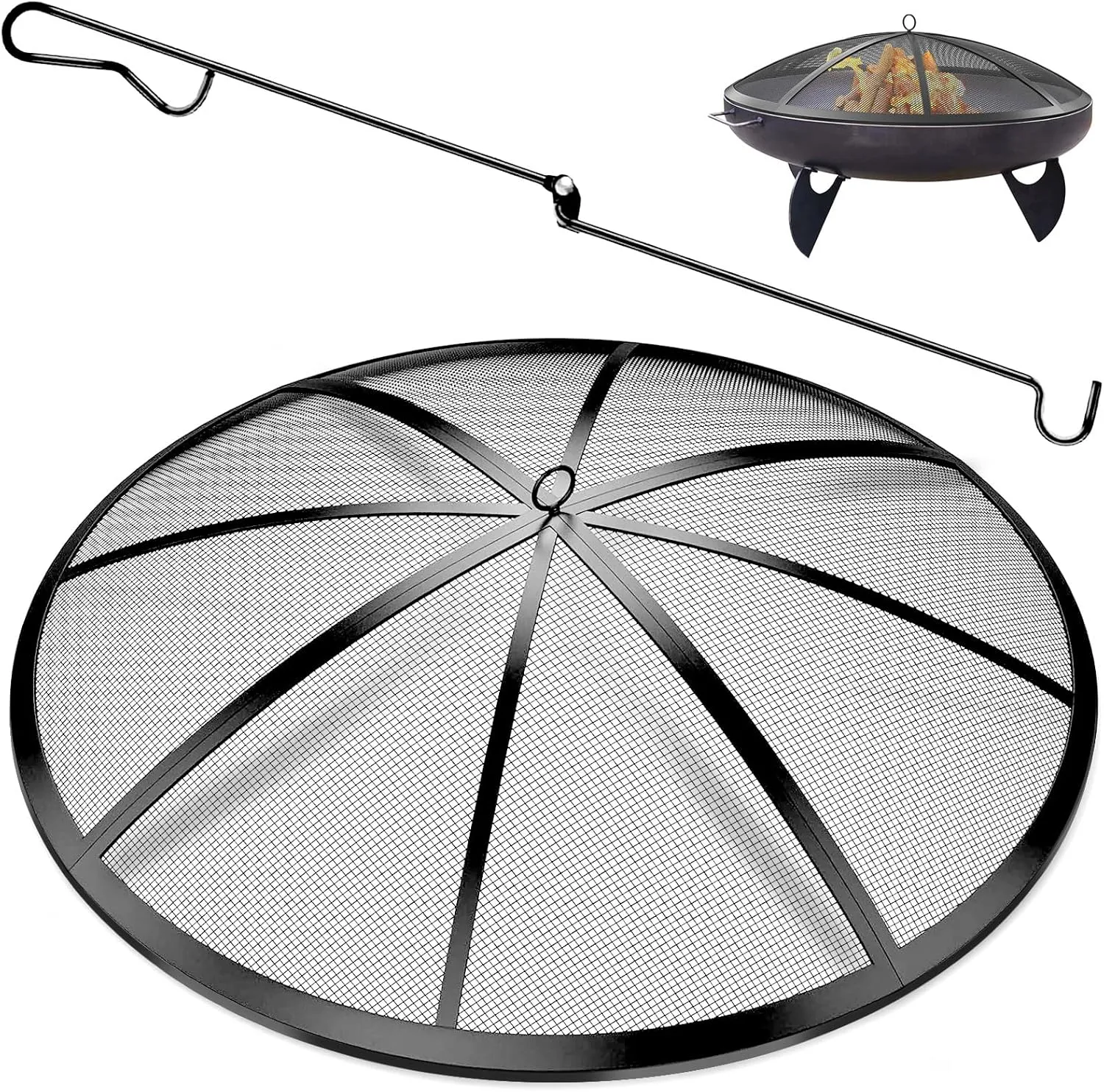 Upgraded 30Inch Collapsible Modern Black Alloy Steel Fire Pit Screen with Handle & Poker, 12 Reinforced Bars, Heavy-Duty Steel Mesh Fire Pit Round Cover for Backyard/Beach/RV Camping