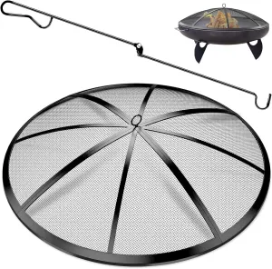 Upgraded 30Inch Collapsible Modern Black Alloy Steel Fire Pit Screen with Handle & Poker, 12 Reinforced Bars, Heavy-Duty Steel Mesh Fire Pit Round Cover for Backyard/Beach/RV Camping