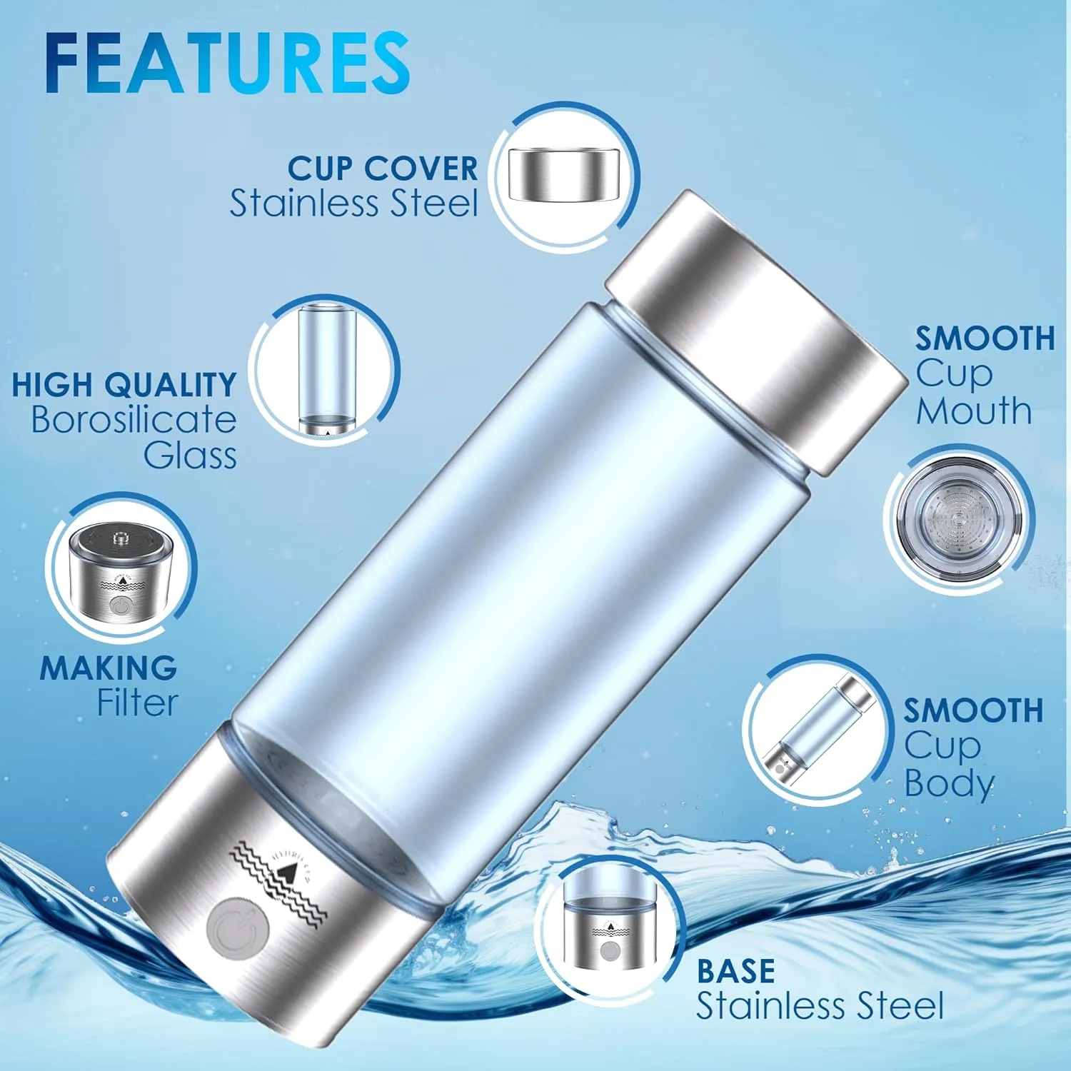 Upgraded Hydrogen Water Bottle 2025, Hydrogen Water Bottle Generator with SPE PEM Technology Water Ionizer, Three Minute Rapid Electrolysis (Black)