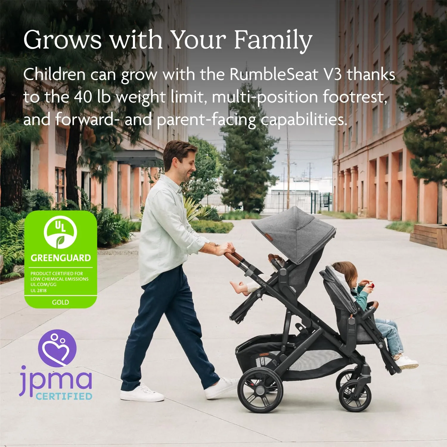 UPPAbaby RumbleSeat V3 Second Lower Seat - Compatible with Vista V2 and Vista V3 - All-Weather Seat   Magnetic Buckle – Adapters Included - Greyson (Charcoal Mélange/Carbon Frame/Saddle Leather)