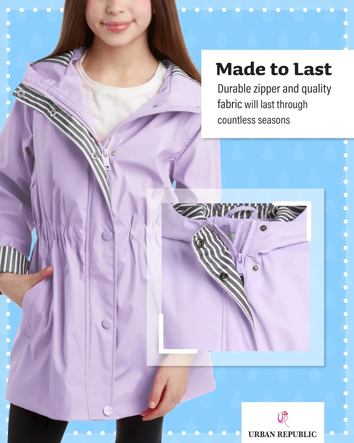 URBAN REPUBLIC Girls Rain Jacket - Slicker Shell Wind & Water Resistant Lightweight Rain Coats for Girls with Pockets (7-16)