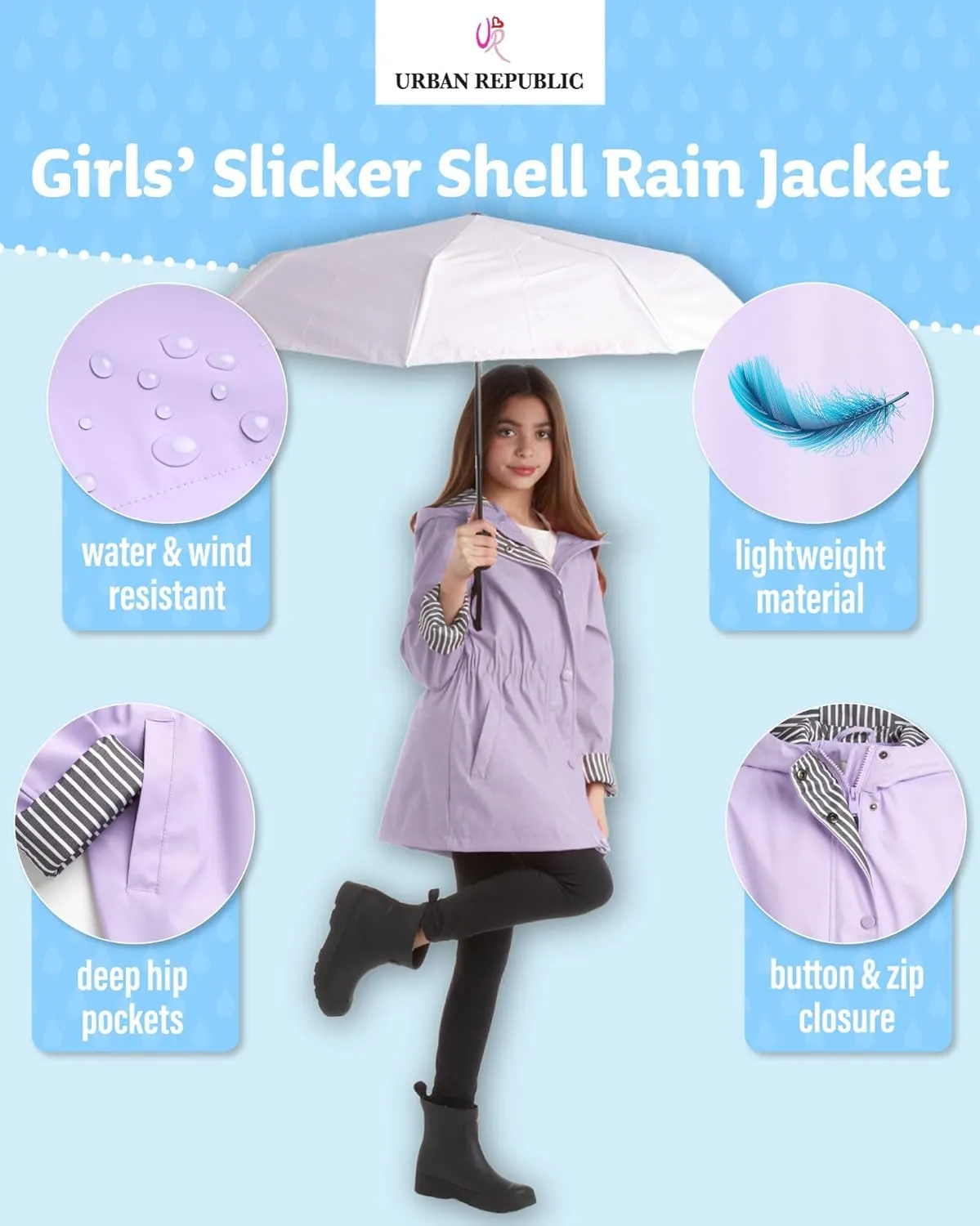 URBAN REPUBLIC Girls Rain Jacket - Slicker Shell Wind & Water Resistant Lightweight Rain Coats for Girls with Pockets (7-16)