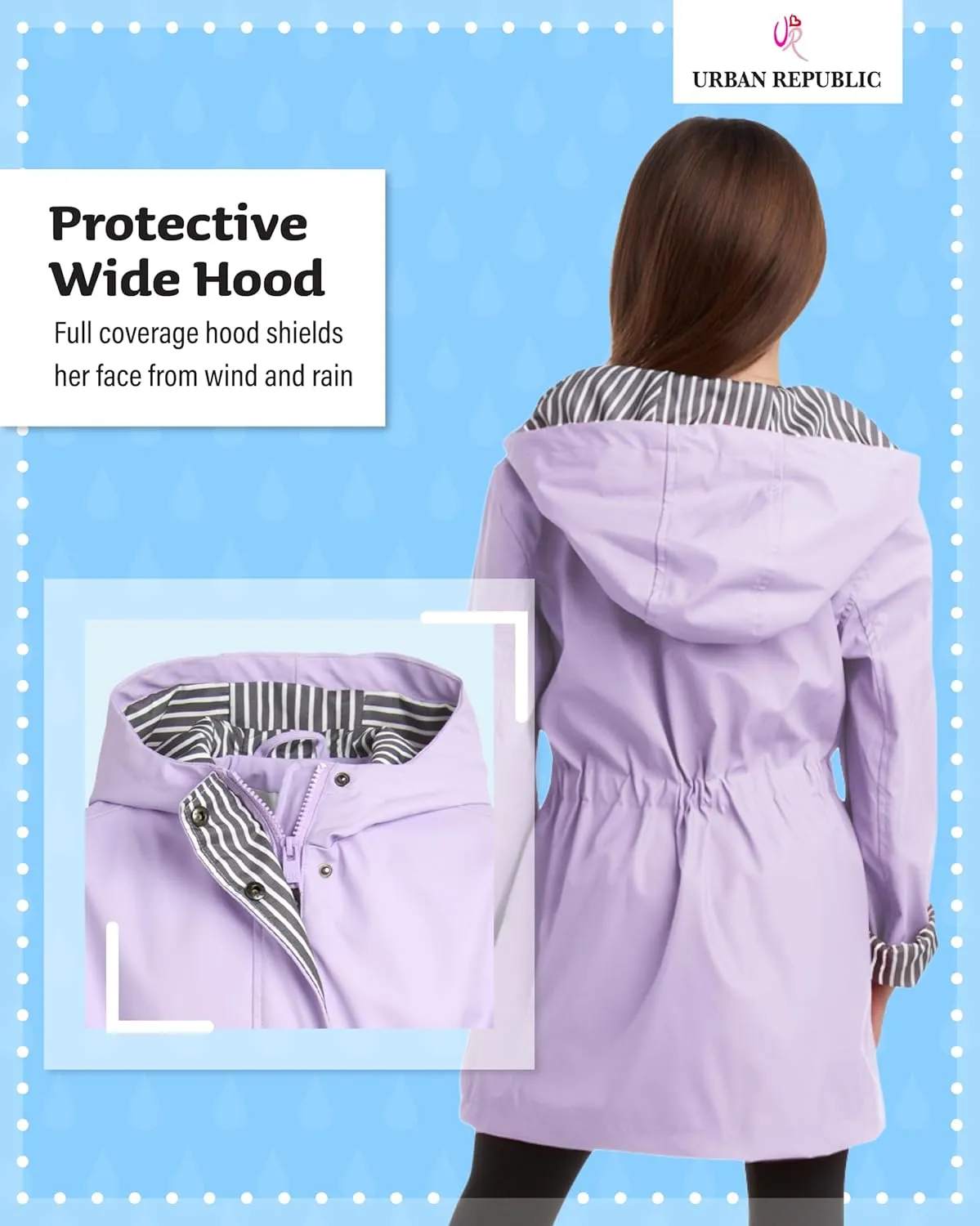 URBAN REPUBLIC Girls Rain Jacket - Slicker Shell Wind & Water Resistant Lightweight Rain Coats for Girls with Pockets (7-16)