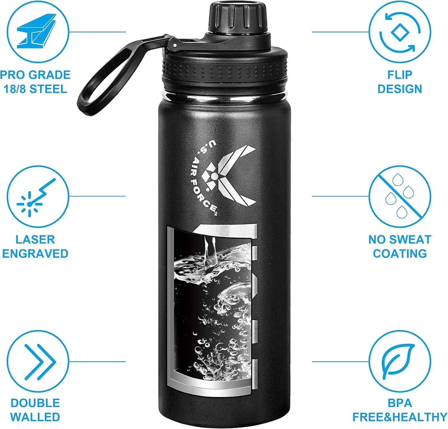 US Air Force 20oz Water Bottle | Double Wall Vacuum Insulated Stainless Steel | Disabled Vet Owned Business | USAF 20oz Water Bottle