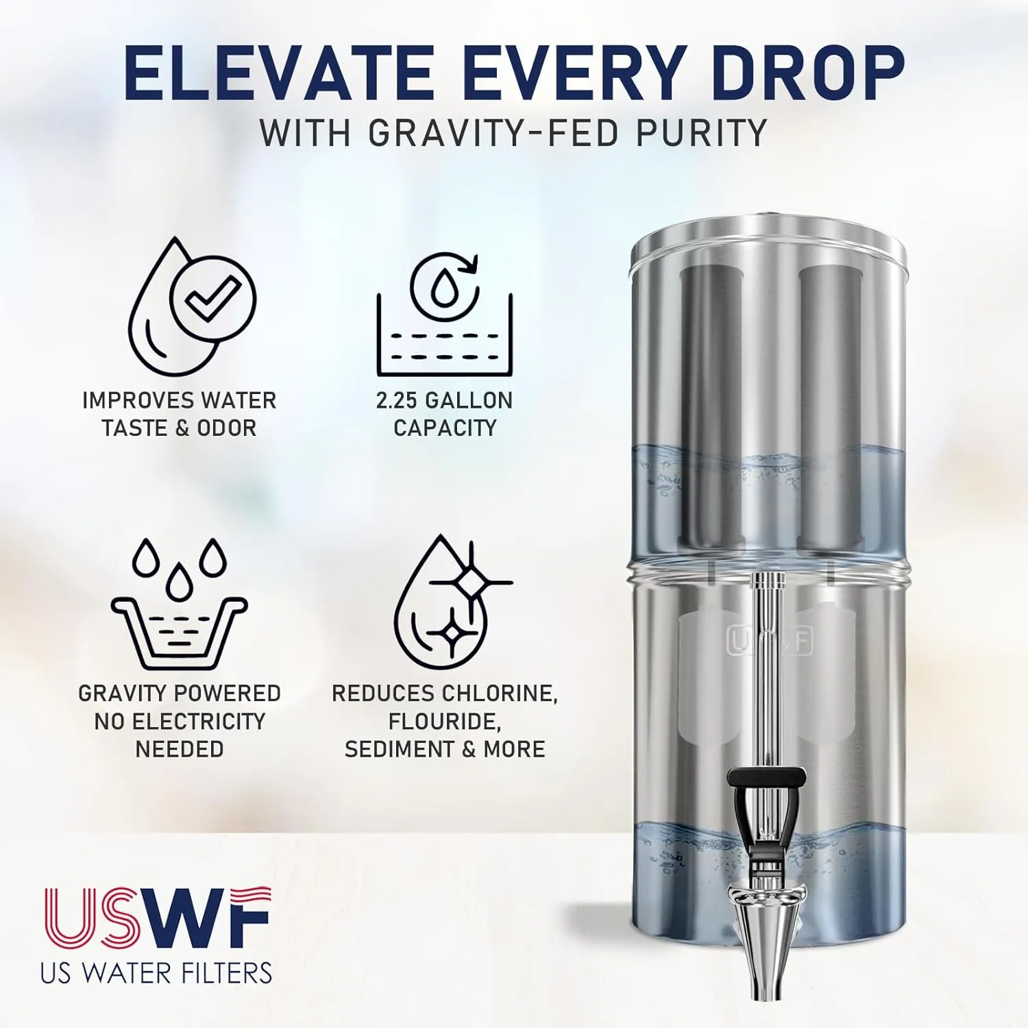 USWF Gravity Fed Water Filter System, 2.25 Gal Stainless Steel, w/ 2 Carbon Filters, 2 Fluoride Filters, Portable w/Metal Sight Glass Spigot & Stand, NSF/ANSI 372 Certified