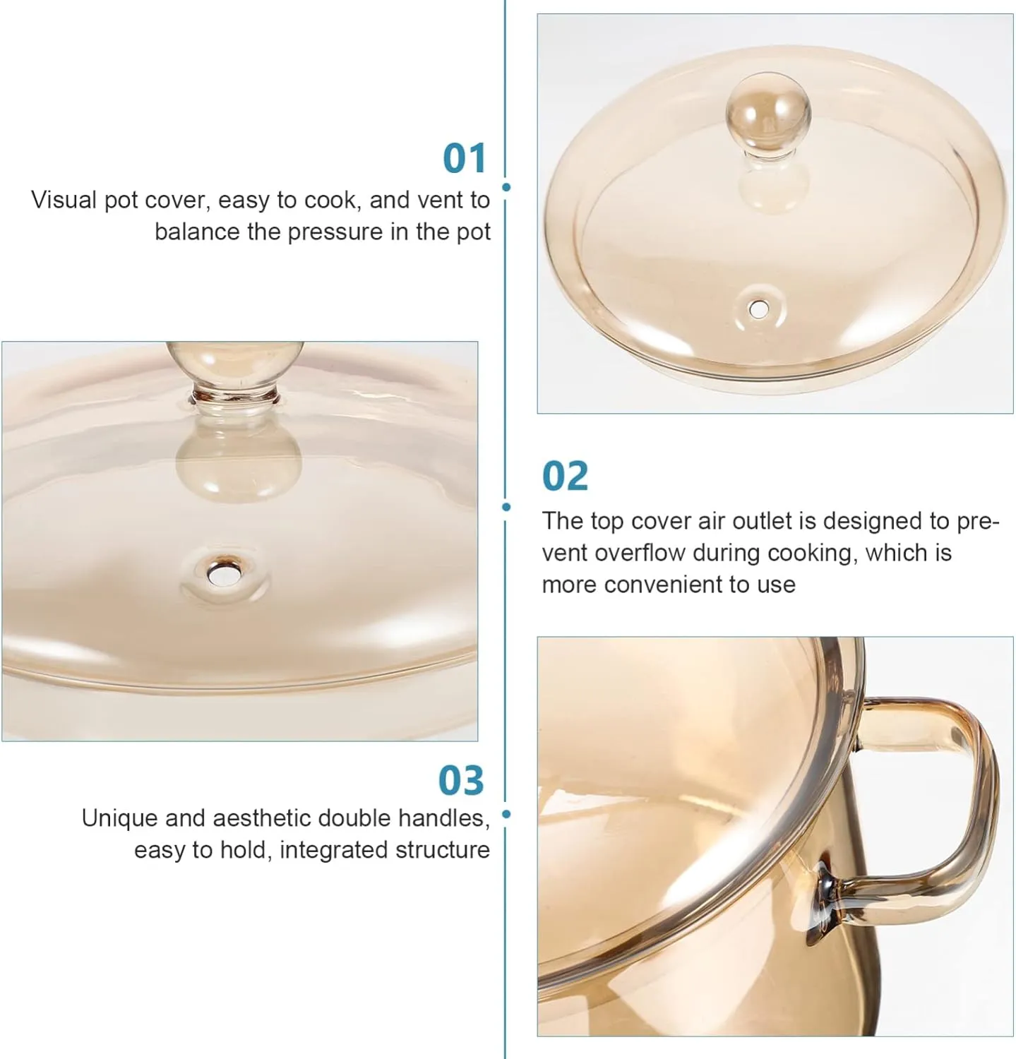 Vaguelly, Clear Glass Cooking Pot Saucepan with Lid, 1500mL Simmer Pot Stew Pot Microwave Stove and Dishwasher Safe Double-Handle Cookware for Milk Pasta Noodles Soup, Amber