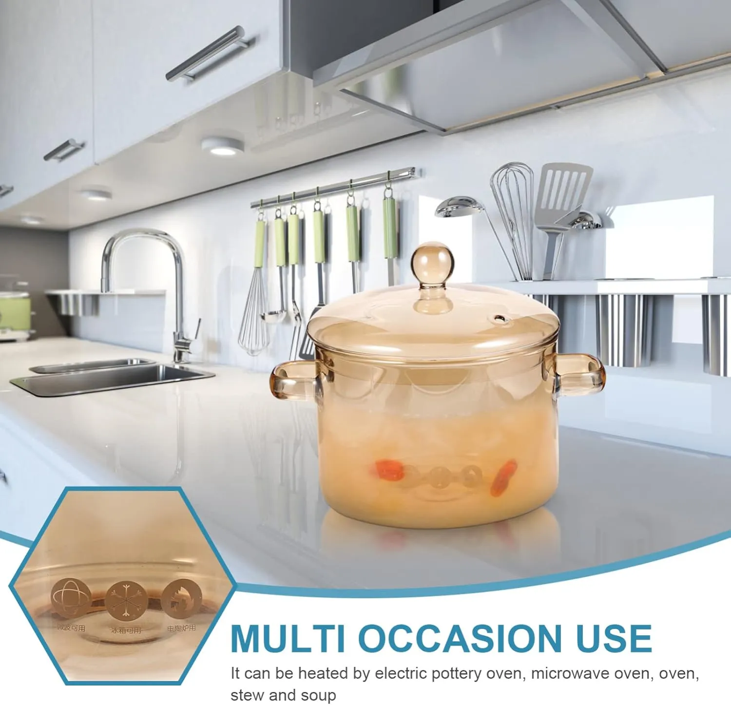 Vaguelly, Clear Glass Cooking Pot Saucepan with Lid, 1500mL Simmer Pot Stew Pot Microwave Stove and Dishwasher Safe Double-Handle Cookware for Milk Pasta Noodles Soup, Amber