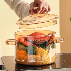 Vaguelly, Clear Glass Cooking Pot Saucepan with Lid, 1500mL Simmer Pot Stew Pot Microwave Stove and Dishwasher Safe Double-Handle Cookware for Milk Pasta Noodles Soup, Amber