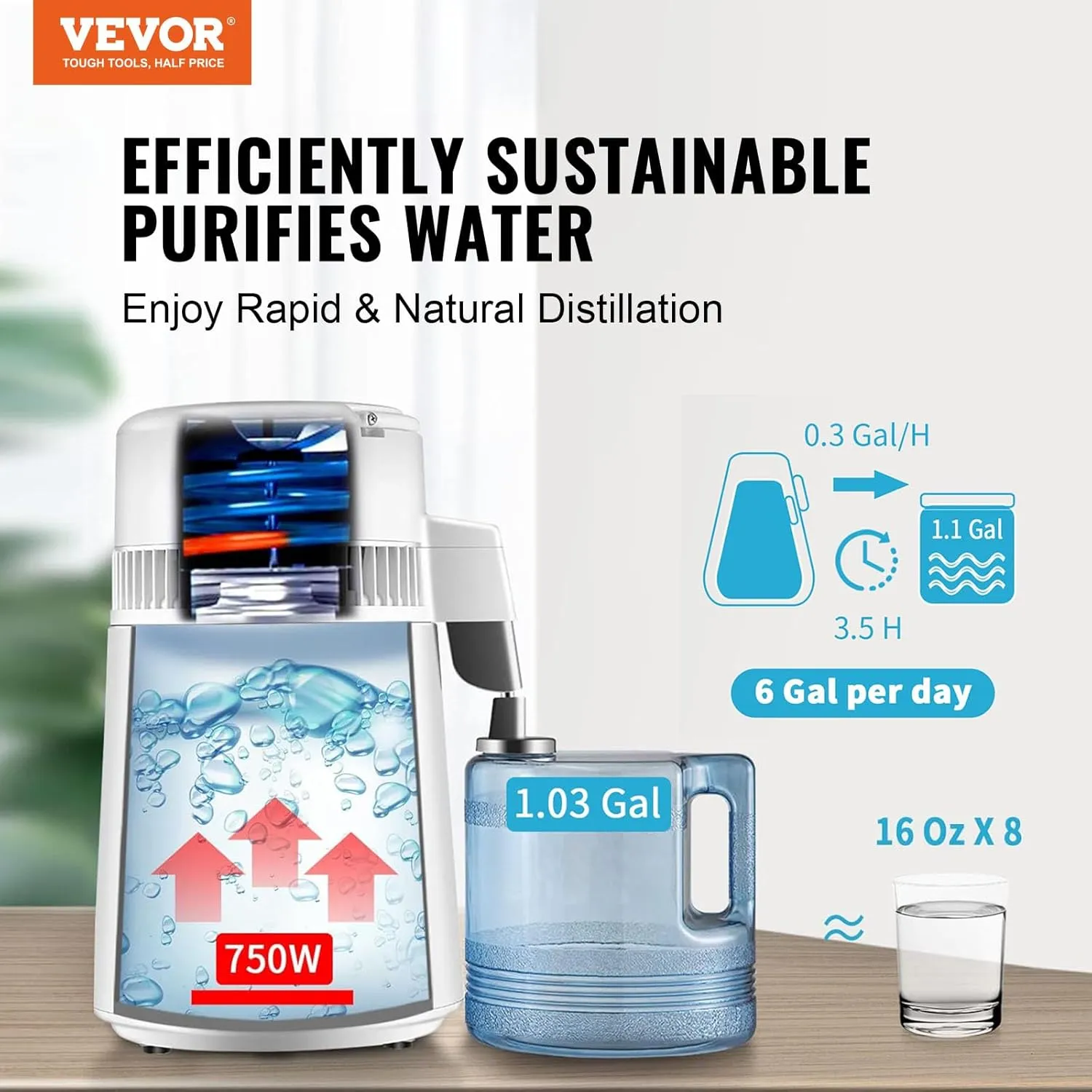 VEVOR Water Distiller, 1.1 Gal Distilled Water Machine, 750W Pure Water Distilling w/BPA Free Plastic Container, Water Distillation Kit w/Button, Countertop Distilled Water Maker for Home, White