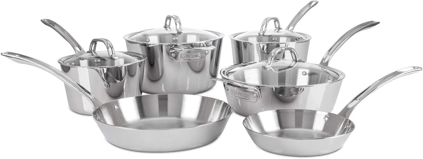Viking 3-Ply Pots and Pans Set, 10 Piece Stainless Steel Kitchen Cookware, Silver
