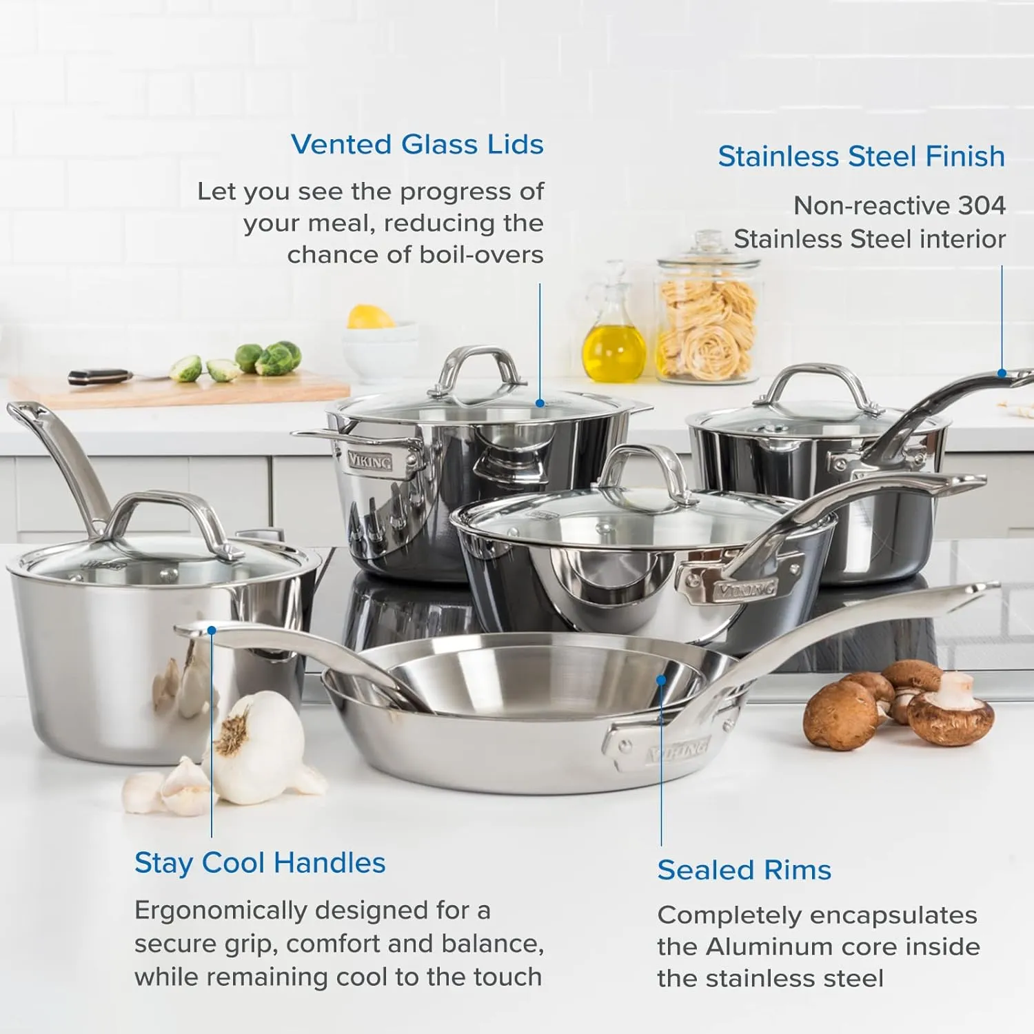 Viking 3-Ply Pots and Pans Set, 10 Piece Stainless Steel Kitchen Cookware, Silver