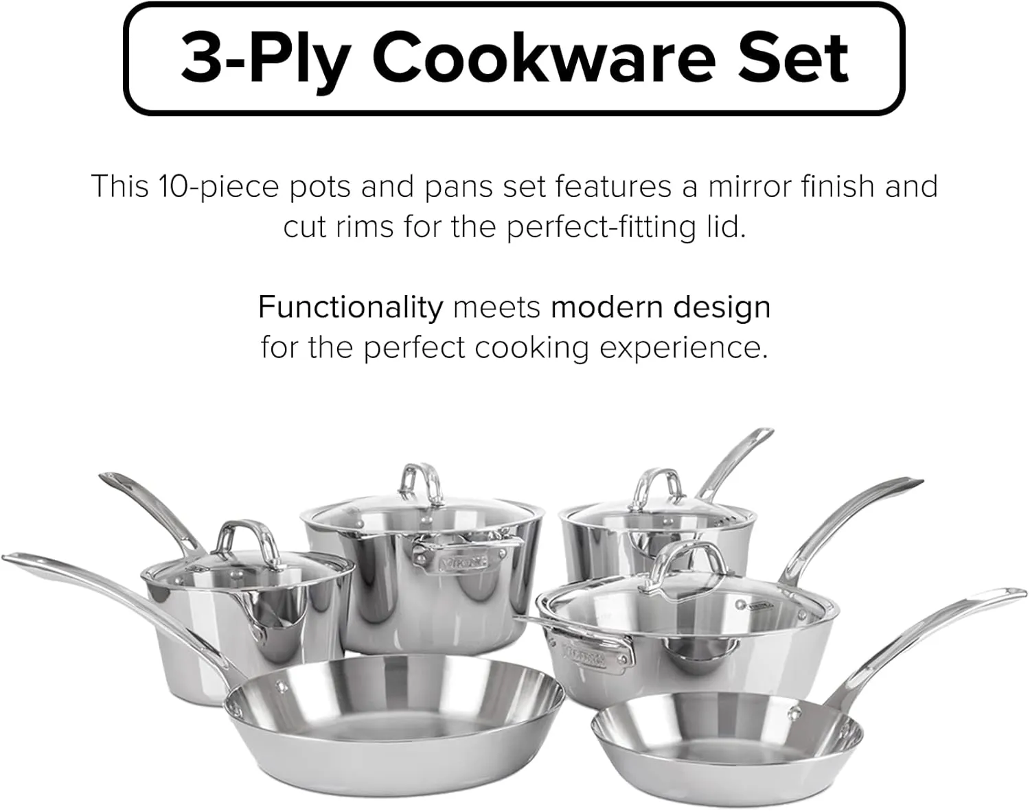 Viking 3-Ply Pots and Pans Set, 10 Piece Stainless Steel Kitchen Cookware, Silver