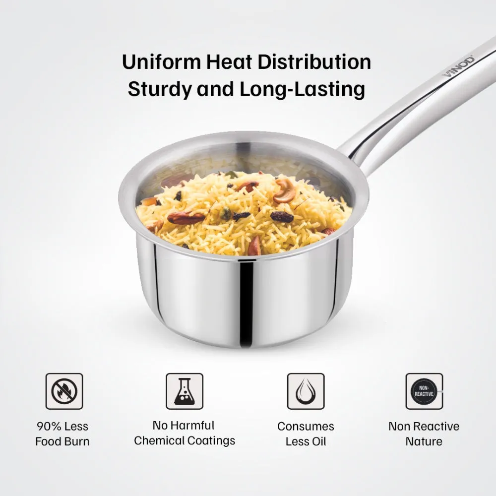 Vinod – Claro Heavy Gauge Stainless Steel Sauce Pan (Plain), 1.5 mm – Capacity 1.2 Ltr (16cm)