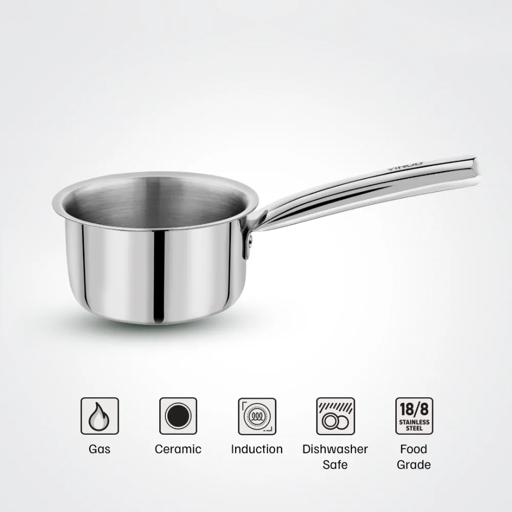 Vinod – Claro Heavy Gauge Stainless Steel Sauce Pan (Plain), 1.5 mm – Capacity 1.2 Ltr (16cm)