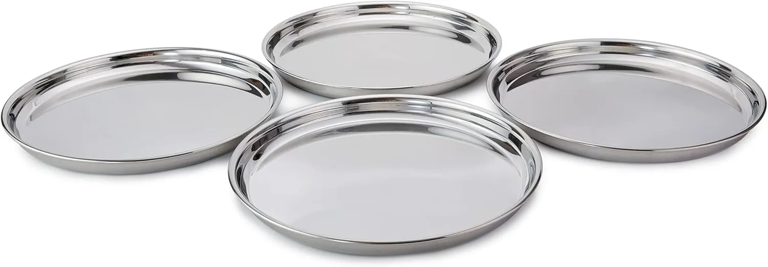 Vinod Dinner Plate Set | 12 Inches Diameter | Ideal For Indian Household | Dishwasher Safe | Silver-Finish | Stainless Steel | Eco-Friendly Tableware | Durable | Corrosion-Resistant | Pack of 4