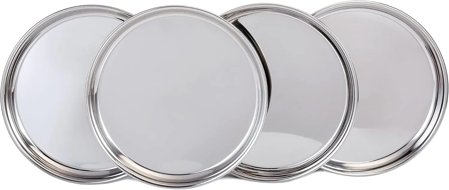 Vinod Dinner Plate Set | 12 Inches Diameter | Ideal For Indian Household | Dishwasher Safe | Silver-Finish | Stainless Steel | Eco-Friendly Tableware | Durable | Corrosion-Resistant | Pack of 4