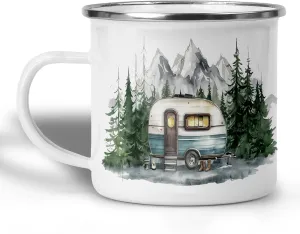 Vintage Camper Camping Mug, 12oz Coffee Mug Cozy Mountain Forest Trailer Scene, Outdoor Adventure Gift, Enamel Campfire Cup