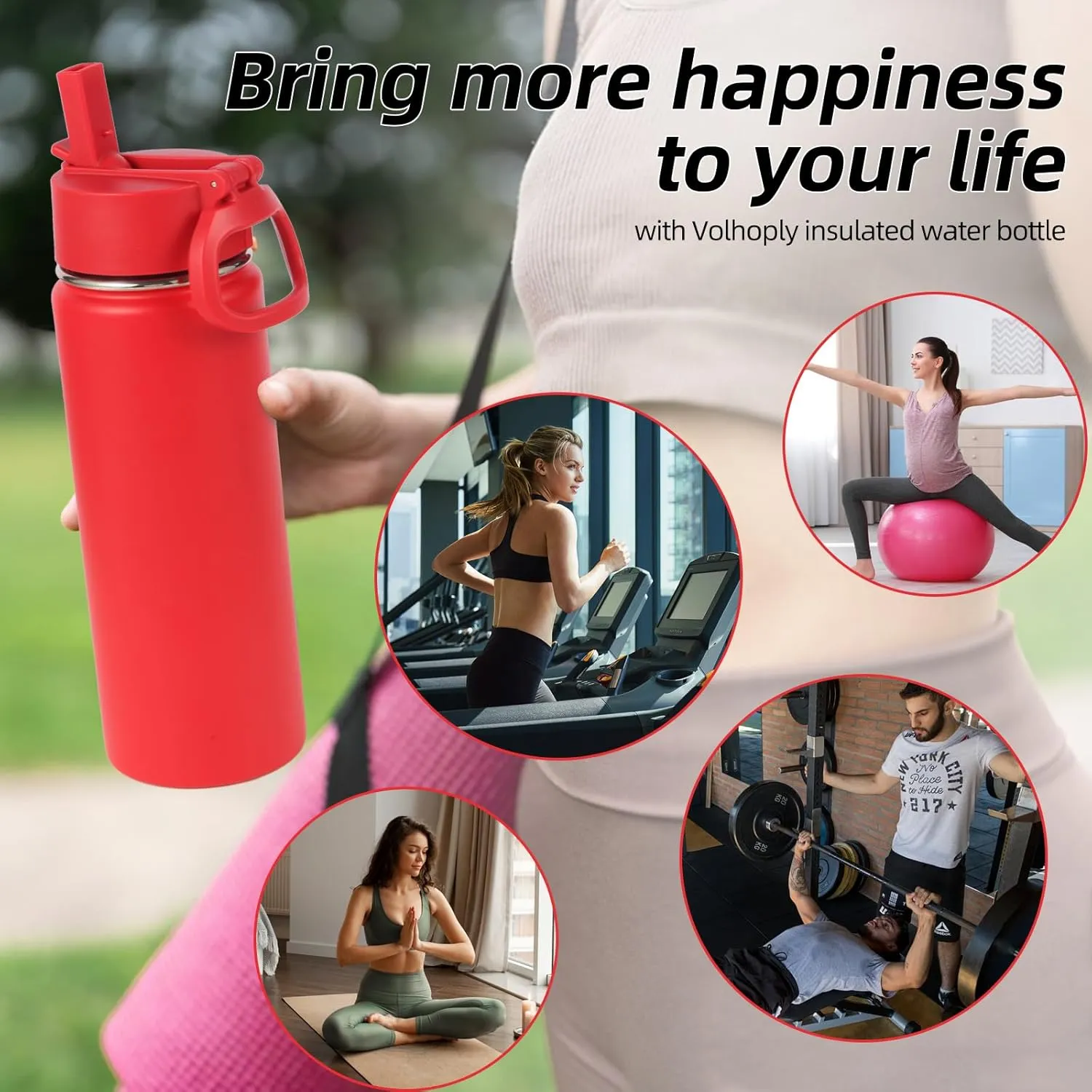 Volhoply 20oz Insulated Stainless Steel Water Bottle With Straw Lid Bulk 2 Pack,Kids Double Wall Vacuum Thermos With Handle,Reusable Outdoor Sports Camping Metal Bottles,Travel Flask Keep Cold(Red,2)