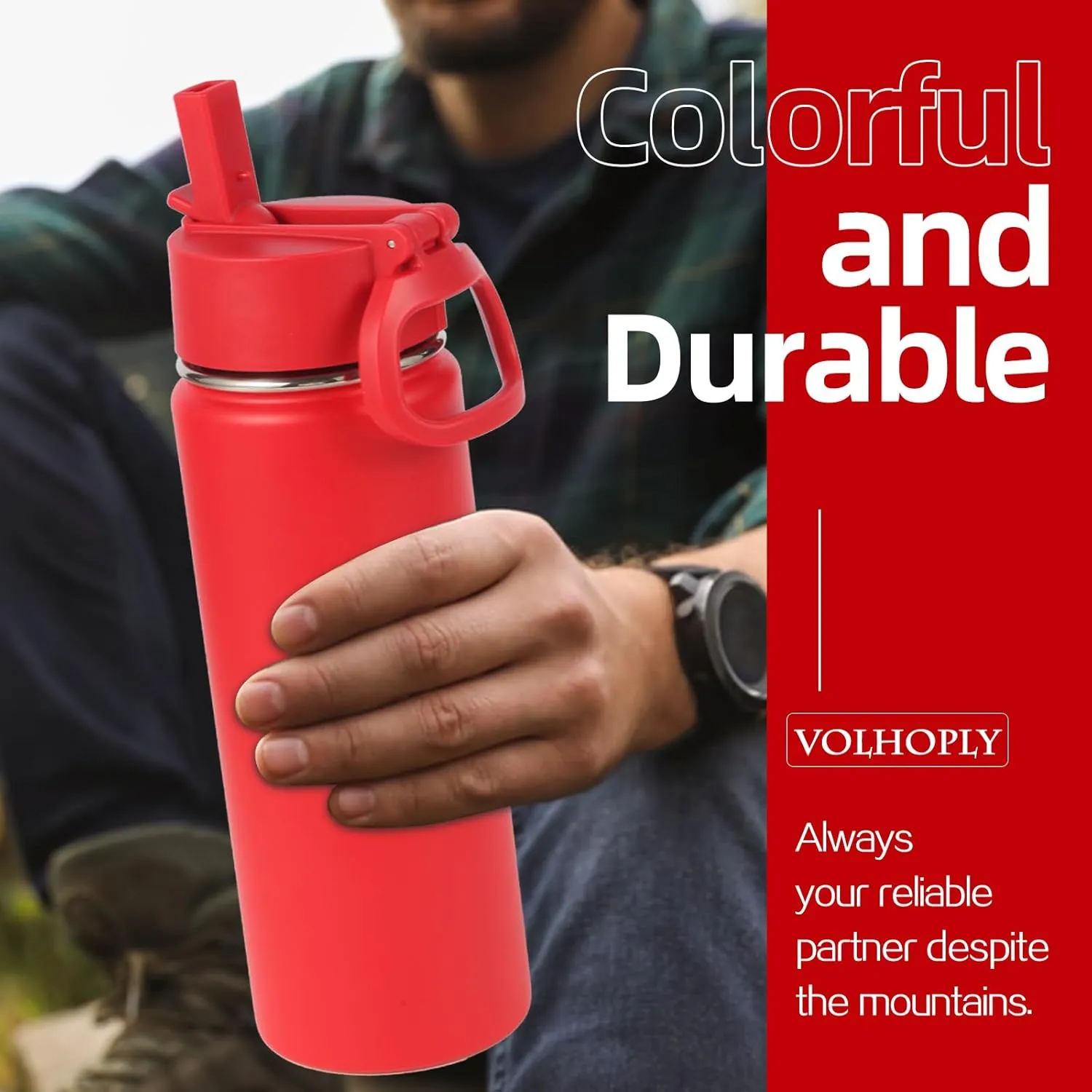 Volhoply 20oz Insulated Stainless Steel Water Bottle With Straw Lid Bulk 2 Pack,Kids Double Wall Vacuum Thermos With Handle,Reusable Outdoor Sports Camping Metal Bottles,Travel Flask Keep Cold(Red,2)