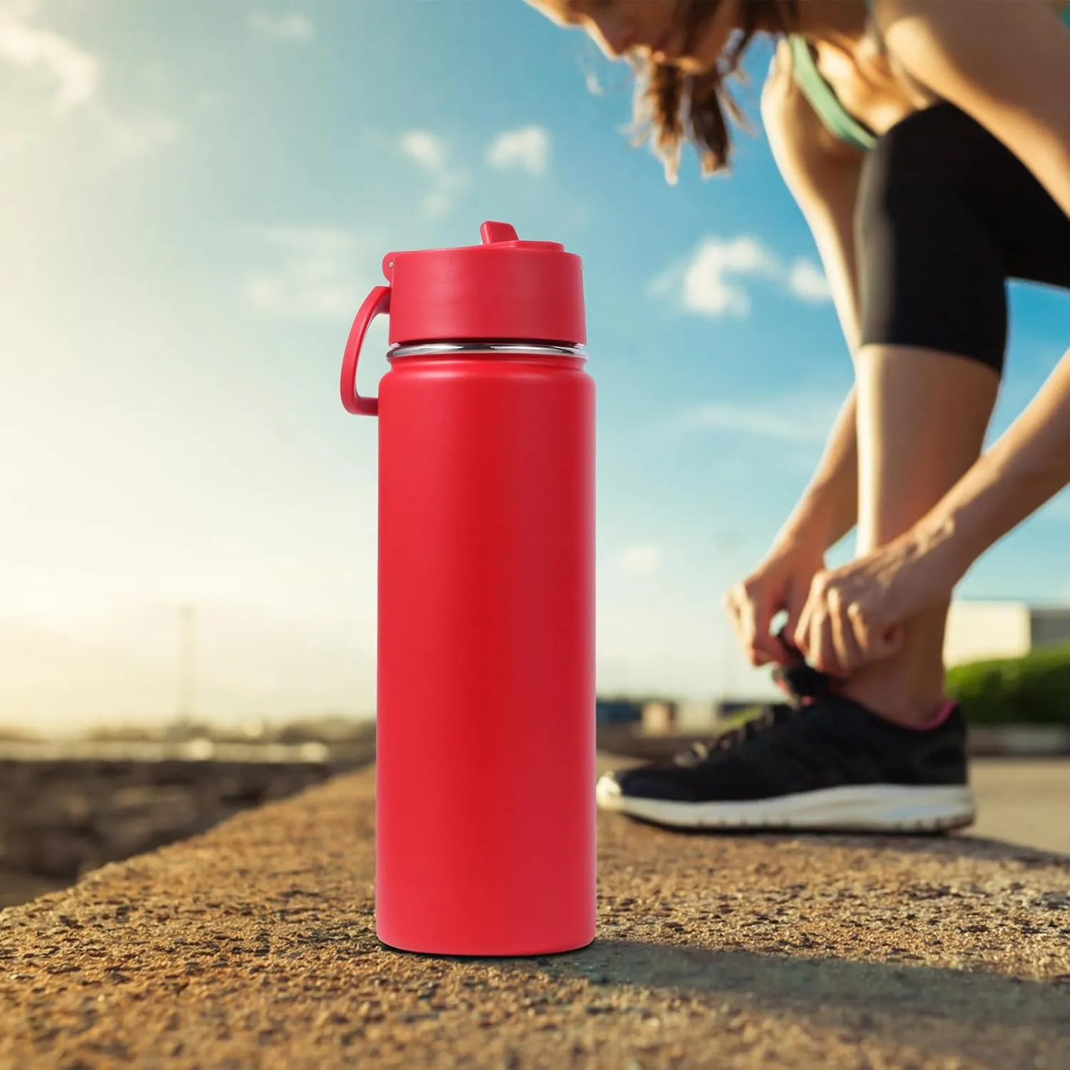 Volhoply 20oz Insulated Stainless Steel Water Bottle With Straw Lid Bulk 2 Pack,Kids Double Wall Vacuum Thermos With Handle,Reusable Outdoor Sports Camping Metal Bottles,Travel Flask Keep Cold(Red,2)