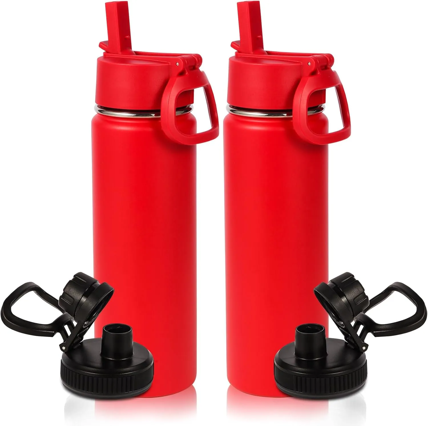 Volhoply 20oz Insulated Stainless Steel Water Bottle With Straw Lid Bulk 2 Pack,Kids Double Wall Vacuum Thermos With Handle,Reusable Outdoor Sports Camping Metal Bottles,Travel Flask Keep Cold(Red,2)