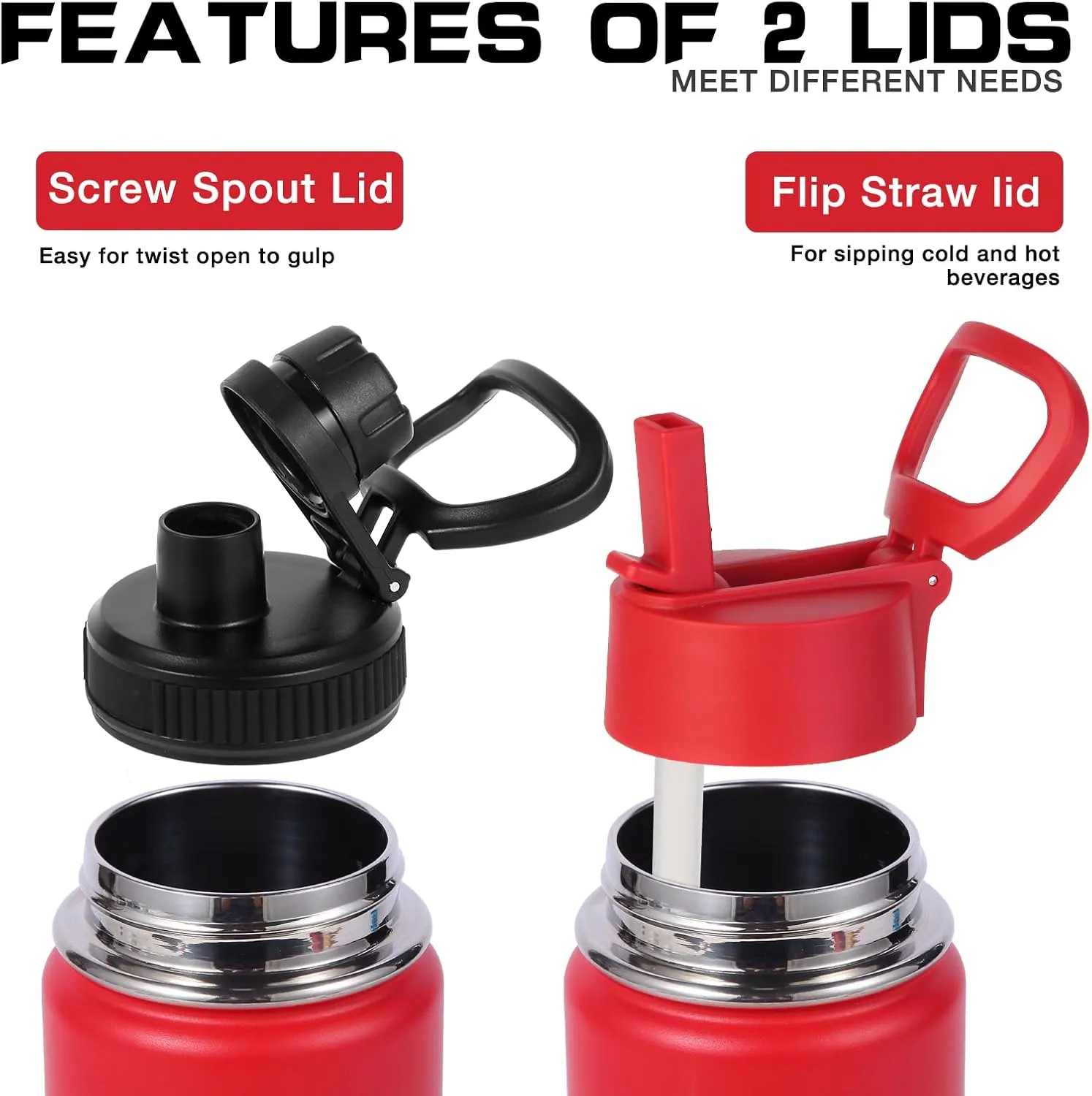 Volhoply 20oz Insulated Stainless Steel Water Bottle With Straw Lid Bulk 2 Pack,Kids Double Wall Vacuum Thermos With Handle,Reusable Outdoor Sports Camping Metal Bottles,Travel Flask Keep Cold(Red,2)