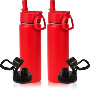 Volhoply 20oz Insulated Stainless Steel Water Bottle With Straw Lid Bulk 2 Pack,Kids Double Wall Vacuum Thermos With Handle,Reusable Outdoor Sports Camping Metal Bottles,Travel Flask Keep Cold(Red,2)