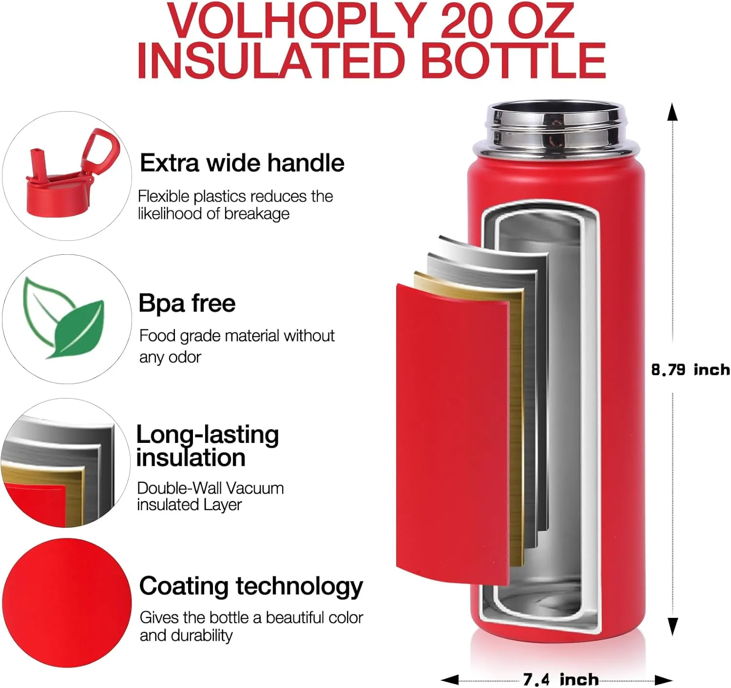 Volhoply 20oz Insulated Stainless Steel Water Bottle With Straw Lid Bulk 2 Pack,Kids Double Wall Vacuum Thermos With Handle,Reusable Outdoor Sports Camping Metal Bottles,Travel Flask Keep Cold(Red,2)