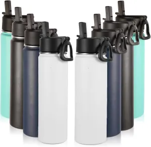 Volhoply Insulated Water Bottles with Straw Bulk 8 Pack, 22 oz Stainless Steel Sports Bottle with Hand Lid, Double Walled Vacuum Travel Water Cup with Wide Mouth, Reusable Cold Water Flask(Mix,8 Set)