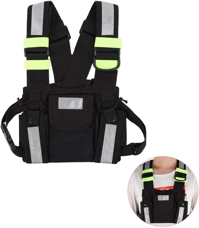 Walkie-talkie Vest Yellow Reflective TYT Radio Tactical Harness Front Pack Vest Chest Pouch with Adjustable Shoulder Strap Suitable for Survival, Hiking, Cycling, Camping, Fishing, Travel