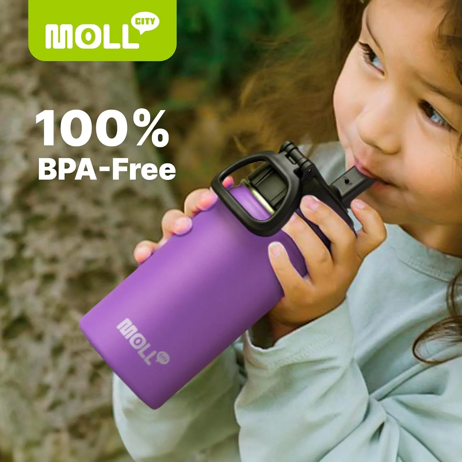 Water Bottle 16 oz Stainless Steel Double Wall Vacuum Insulated Wide Mouth Water Bottle for School-Metal Leak-Proof Travel Water Flask with Straw(Purple)
