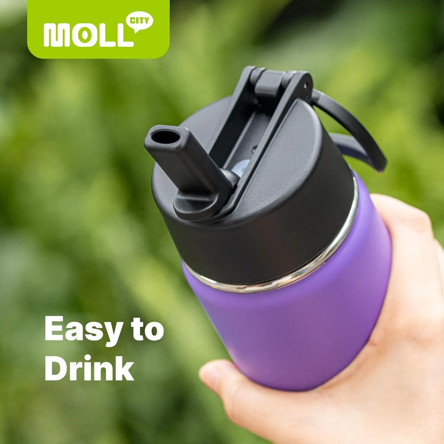 Water Bottle 16 oz Stainless Steel Double Wall Vacuum Insulated Wide Mouth Water Bottle for School-Metal Leak-Proof Travel Water Flask with Straw(Purple)