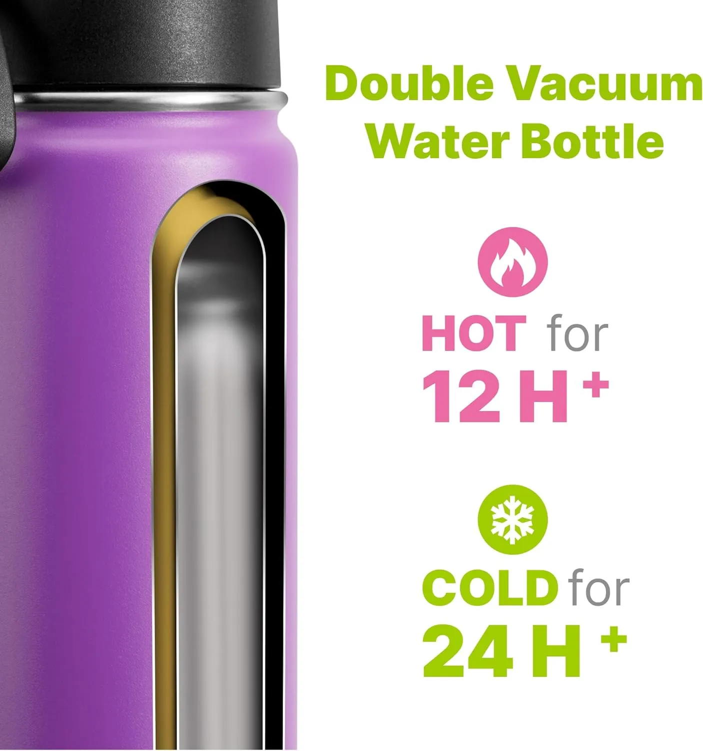 Water Bottle 16 oz Stainless Steel Double Wall Vacuum Insulated Wide Mouth Water Bottle for School-Metal Leak-Proof Travel Water Flask with Straw(Purple)