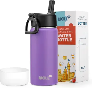 Water Bottle 16 oz Stainless Steel Double Wall Vacuum Insulated Wide Mouth Water Bottle for School-Metal Leak-Proof Travel Water Flask with Straw(Purple)