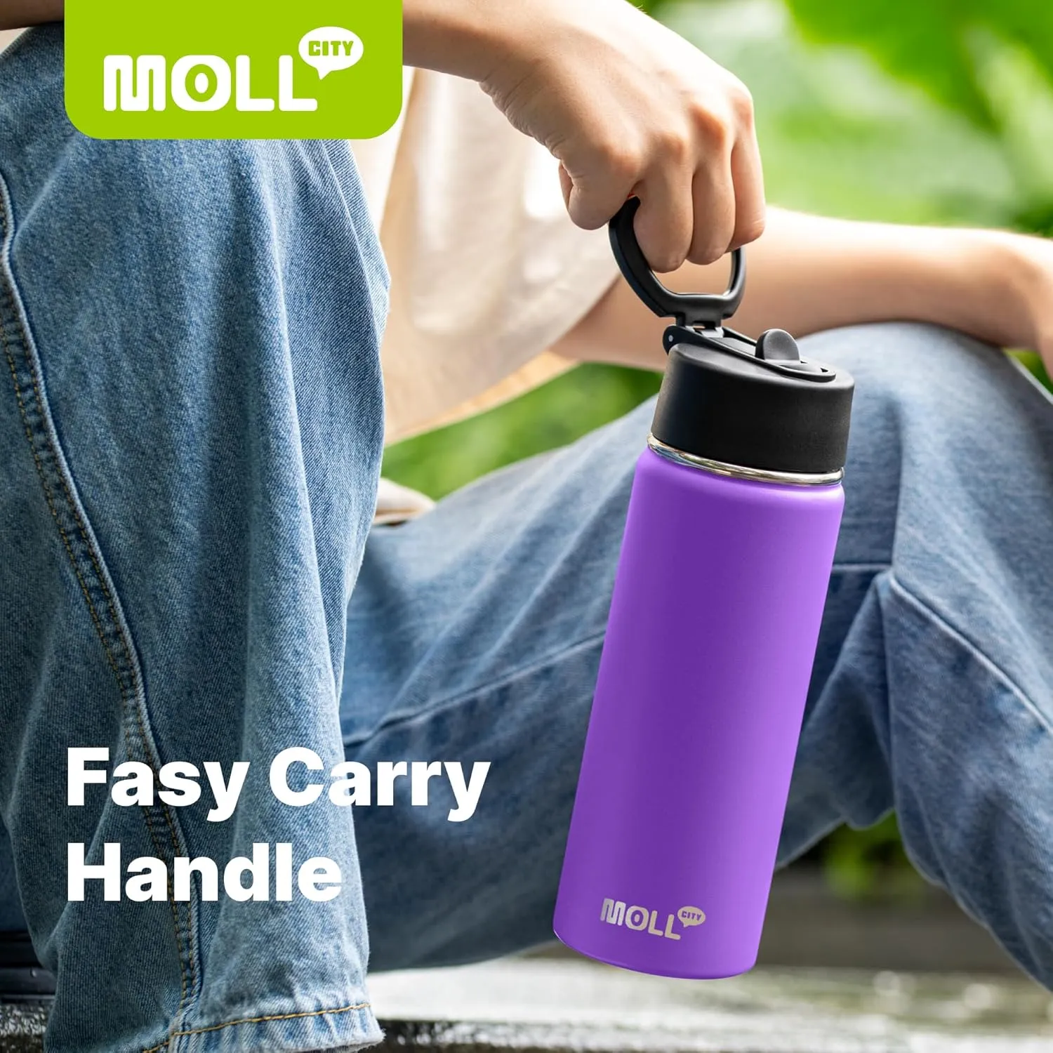 Water Bottle 16 oz Stainless Steel Double Wall Vacuum Insulated Wide Mouth Water Bottle for School-Metal Leak-Proof Travel Water Flask with Straw(Purple)