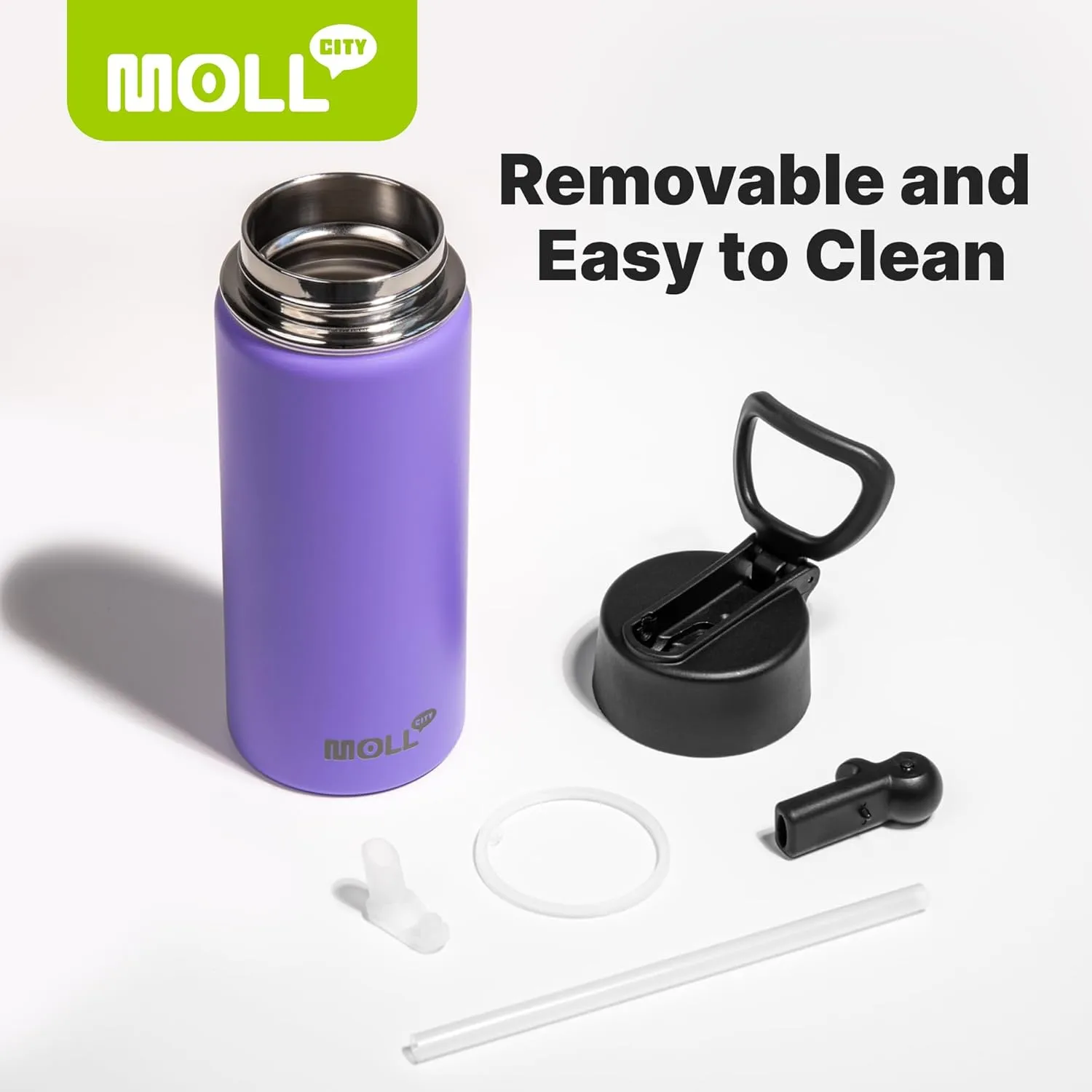 Water Bottle 16 oz Stainless Steel Double Wall Vacuum Insulated Wide Mouth Water Bottle for School-Metal Leak-Proof Travel Water Flask with Straw(Purple)