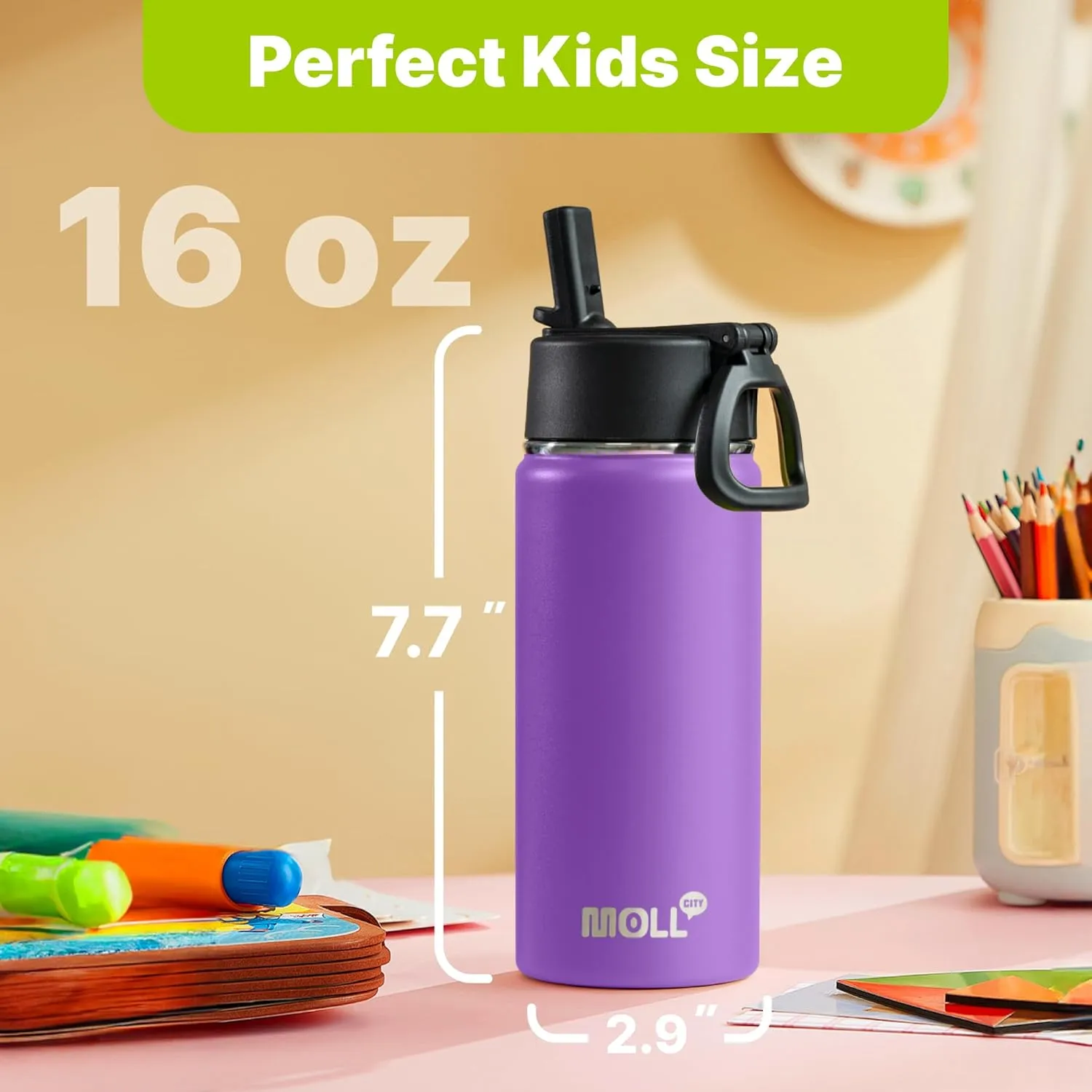 Water Bottle 16 oz Stainless Steel Double Wall Vacuum Insulated Wide Mouth Water Bottle for School-Metal Leak-Proof Travel Water Flask with Straw(Purple)