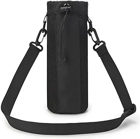 Water Bottle Bag Holder Outdoor Multi-use High Density Nylon Sleeve with Strap Insulated Water Bottle Carrier Sling Bag for Hiking Walking Travel (Black)