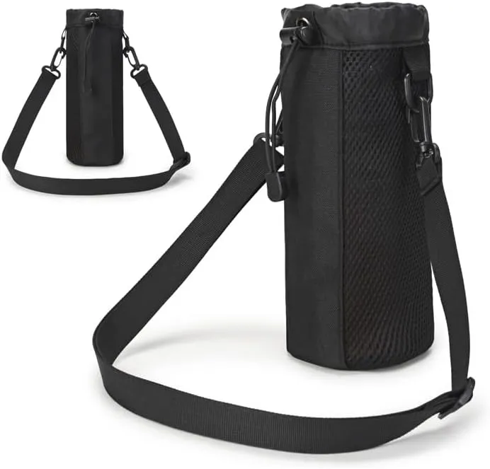 Water Bottle Bag Holder Outdoor Multi-use High Density Nylon Sleeve with Strap Insulated Water Bottle Carrier Sling Bag for Hiking Walking Travel (Black)