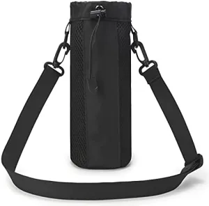 Water Bottle Bag Holder Outdoor Multi-use High Density Nylon Sleeve with Strap Insulated Water Bottle Carrier Sling Bag for Hiking Walking Travel (Black)